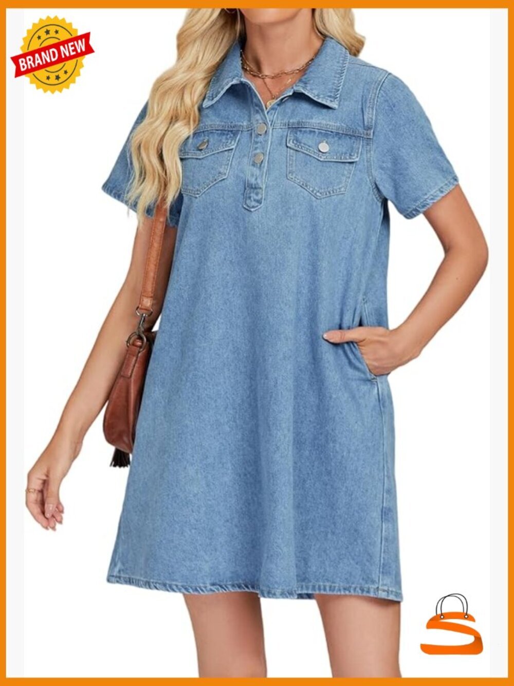 Denim Shirt Dress V Neck Mini Jean Dress Short Sleeve with Pockets Casual Summer